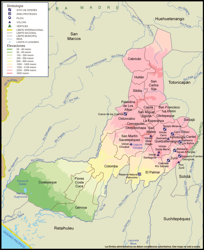 Mapa físico del Departamento de Quetzaltenango.