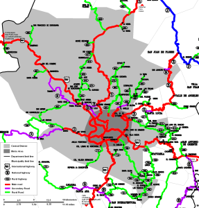 Mapa de la red vial del Distrito Central, municipio y capital de Honduras.