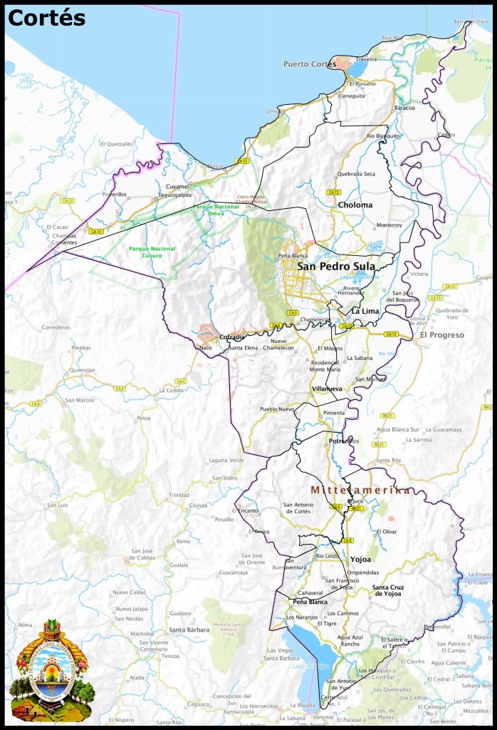 Mapa del departamento de Cortés.