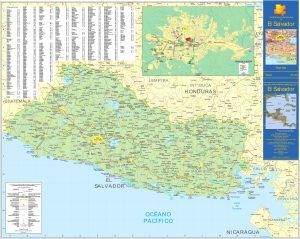 Mapa de El Salvador con carreteras, ciudades y otros puntos de referencia.