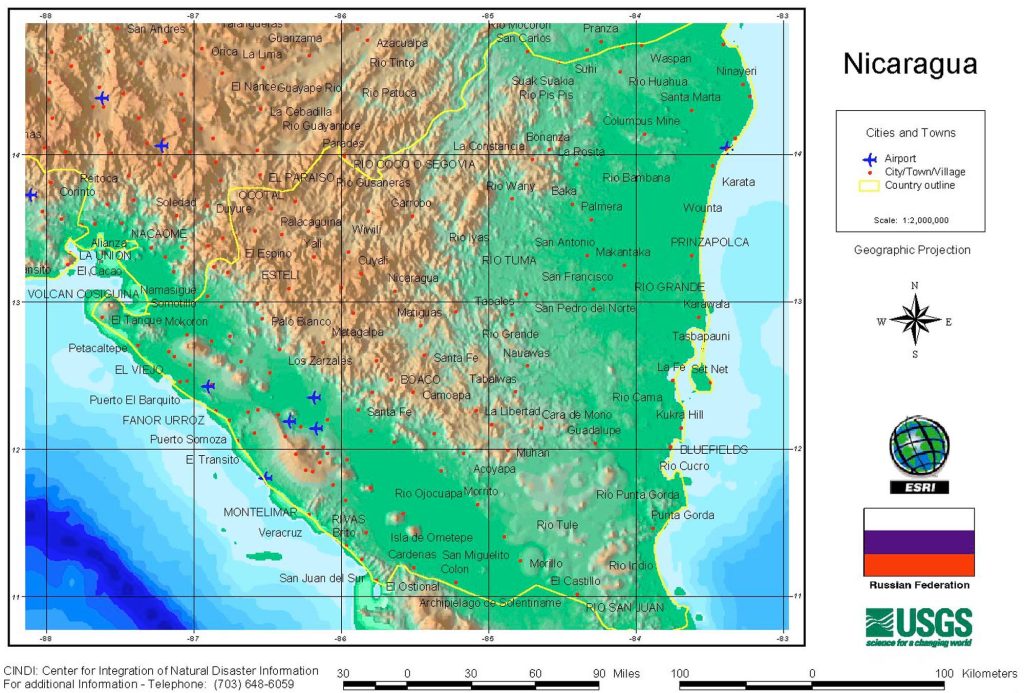 Mapa físico de Nicaragua.