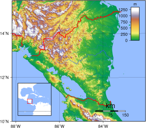Mapa topográfico de Nicaragua.
