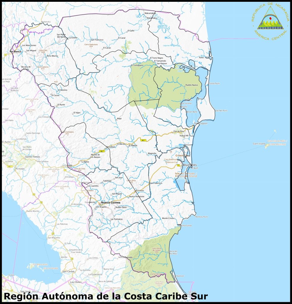 Mapa de la Región Autónoma de la Costa Caribe Sur.