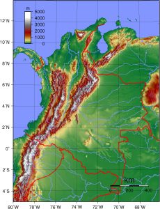 Mapa topográfico de Colombia.