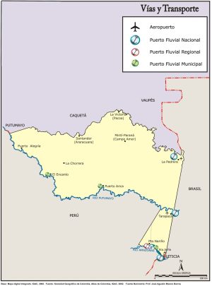 Mapa de vías y transporte del Amazonas (Colombia)
