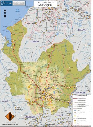 Mapa de carreteras del departamento de Antioquia