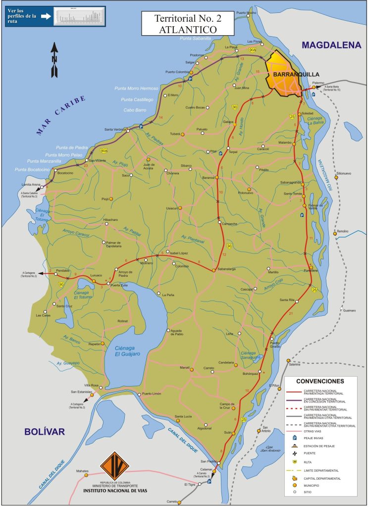 Mapa de carreteras del departamento del Atlántico (Colombia).