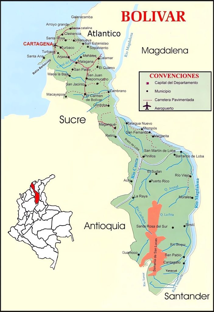 Mapa de las principales ciudades del departamento de Bolívar (Colombia).
