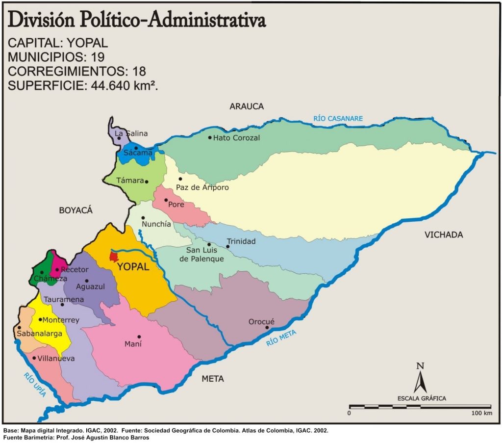 Mapa político del departamento de Casanare.