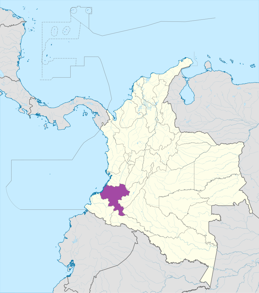 Mapa de ubicación del departamento del Cauca en Colombia.