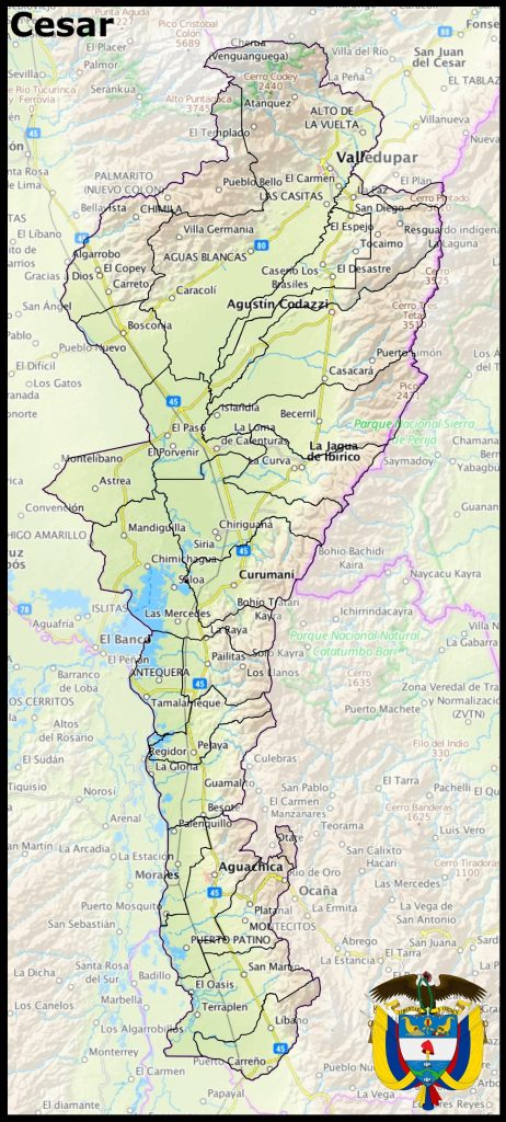 Mapa del departamento del Cesar.