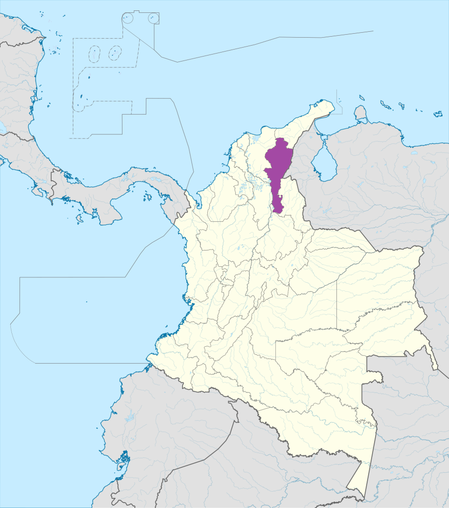 Mapa de ubicación del departamento del Cesar en Colombia.