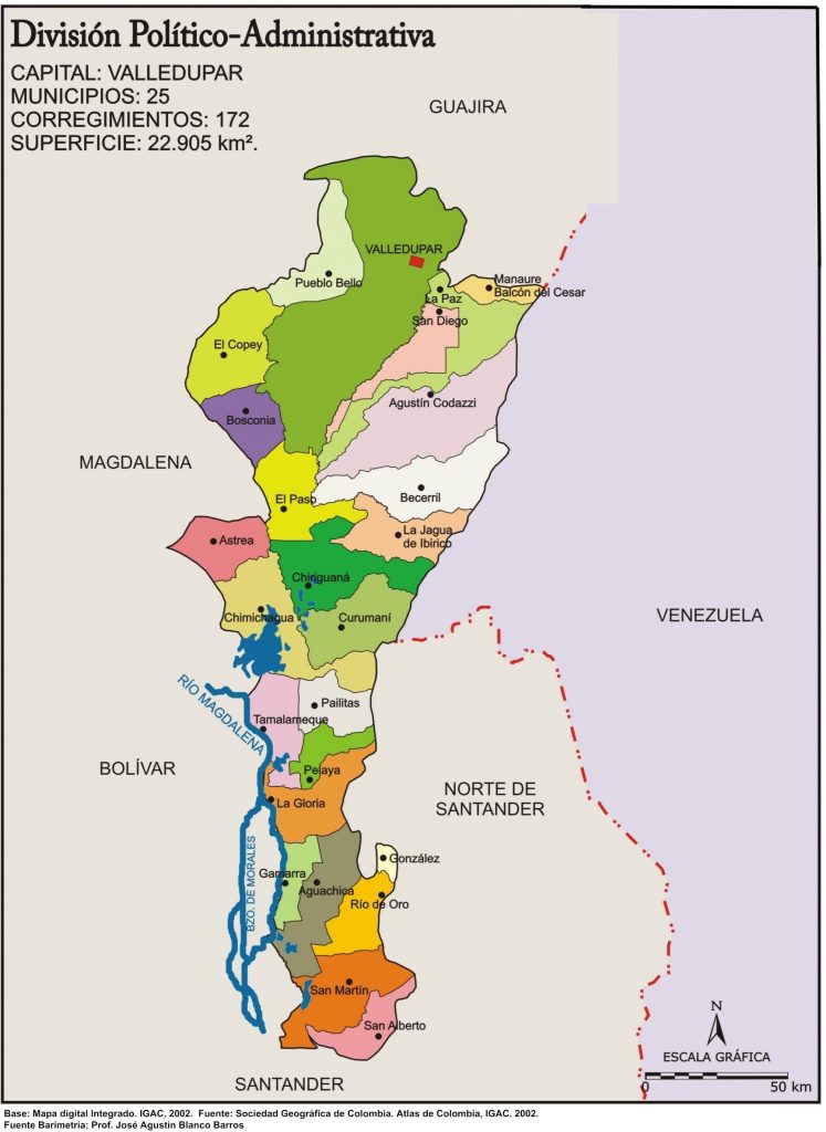 Mapa político del departamento del Cesar.