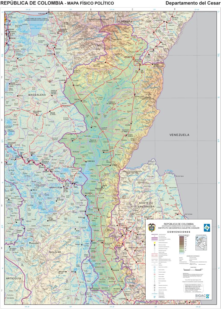 Mapa físico del departamento del Cesar.