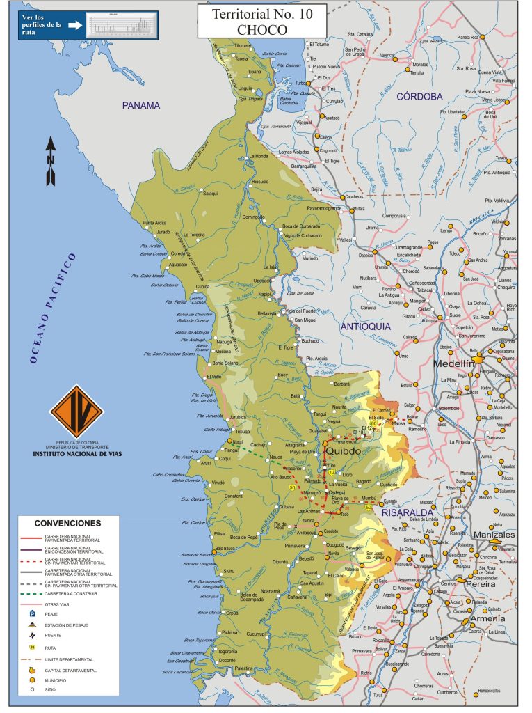 Mapa de carreteras del departamento del Chocó.