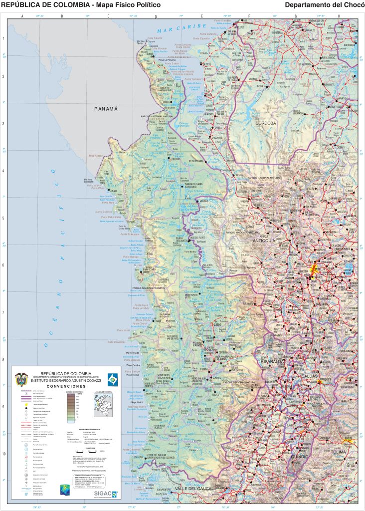Mapa físico del departamento del Chocó.