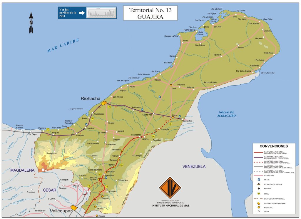Mapa de carreteras del departamento de La Guajira.