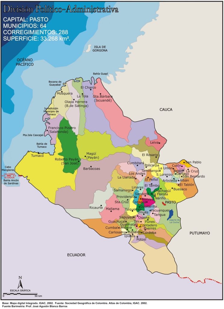 Mapa político del departamento de Nariño.