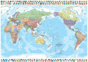 Mapa mundial centrado en el océano Pacífico.