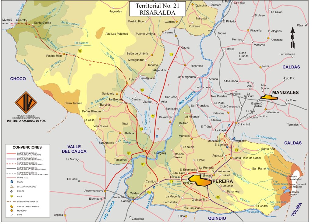 Mapa de carreteras del departamento de Risaralda.