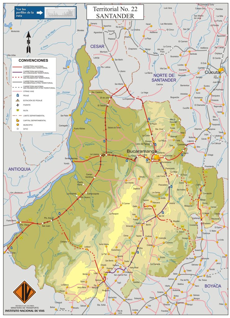 Mapa de carreteras del departamento de Santander.