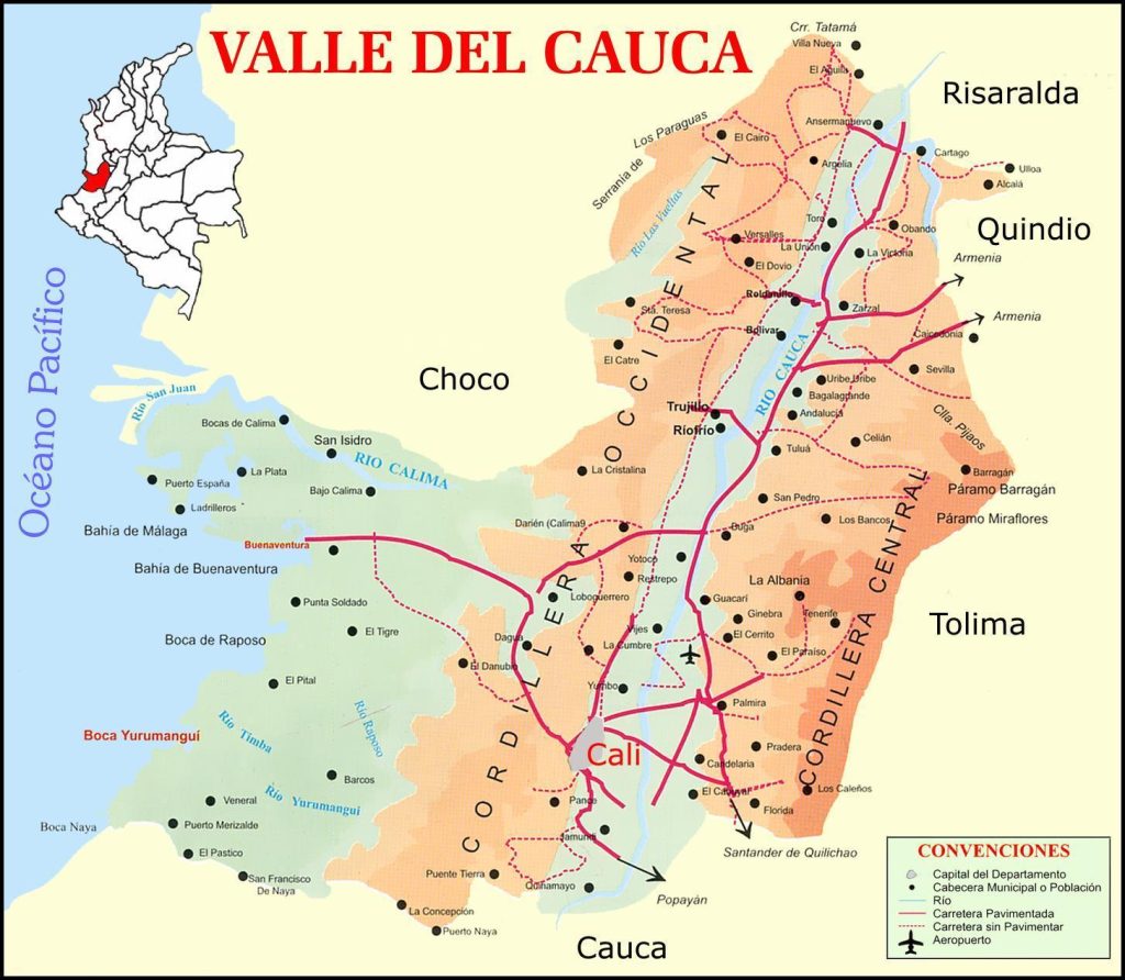 Mapa de las principales ciudades del departamento del Valle del Cauca.