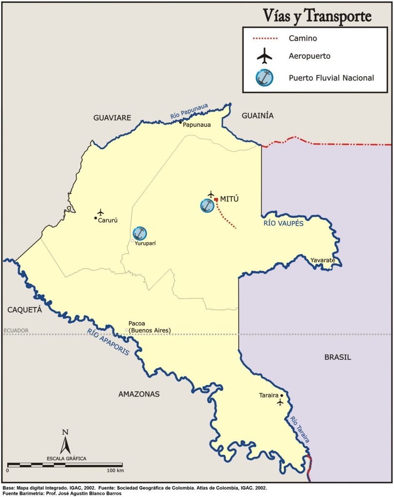 Mapa de vías y transporte del departamento del Vaupés.