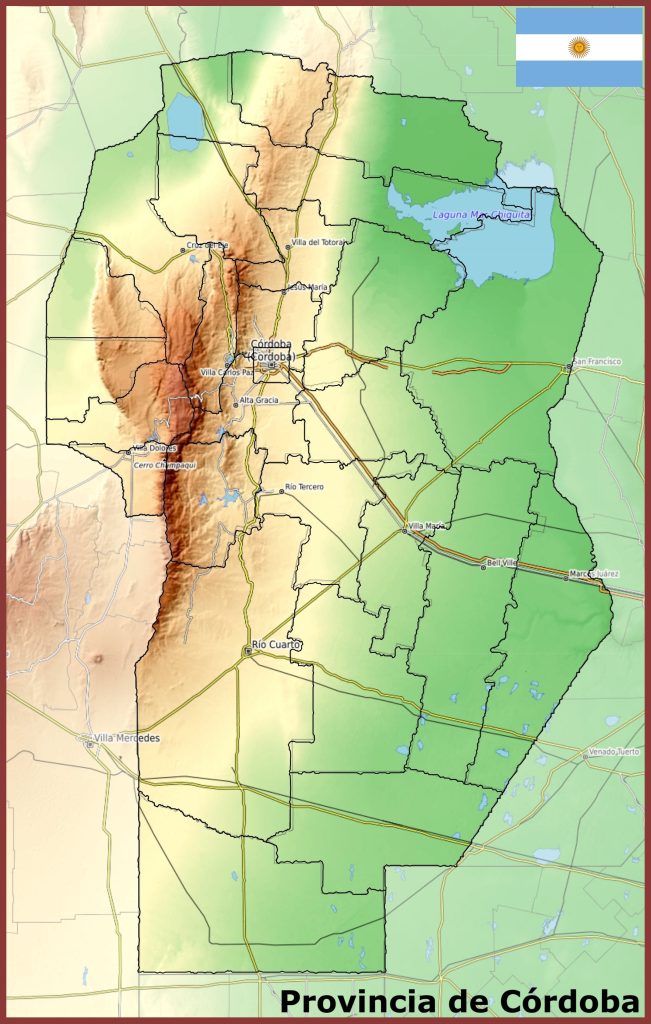 Mapa físico de la provincia de Córdoba (Argentina).