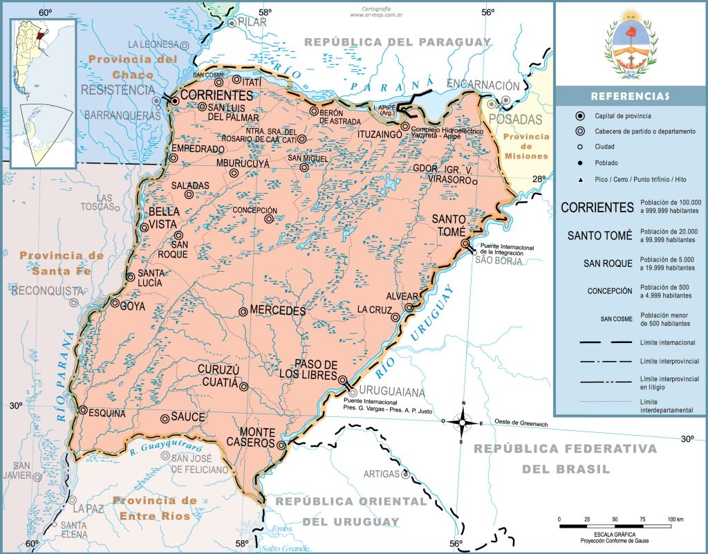 Mapa de las principales ciudades de la provincia de Corrientes.