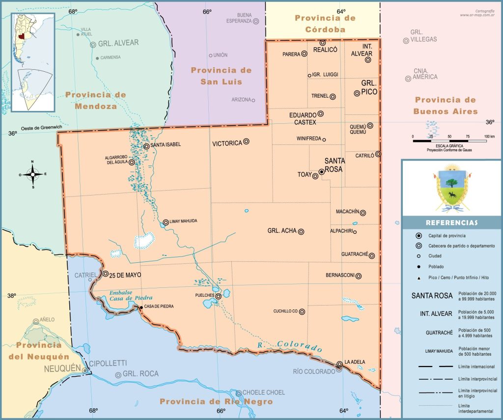Mapa de las principales ciudades de la provincia de La Pampa.