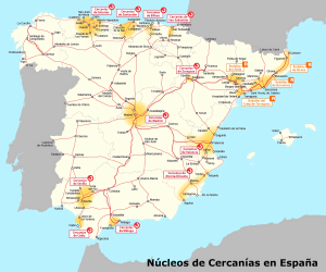 Mapa de los sistemas de Cercanías en España.