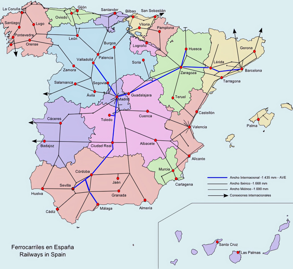Mapa ferroviario de España.