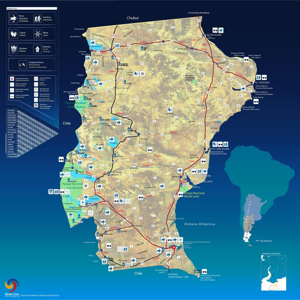 Mapa turístico de la provincia de Santa Cruz (Argentina).