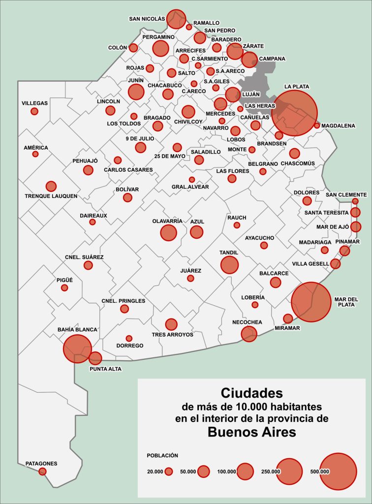 Mapa de las principales ciudades de la provincia de Buenos Aires.