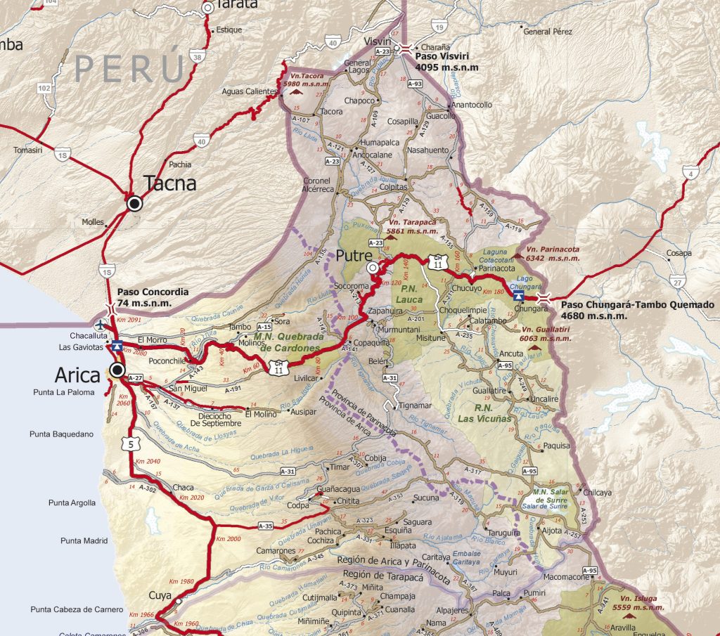 Mapa de carreteras de la región de Arica y Parinacota.