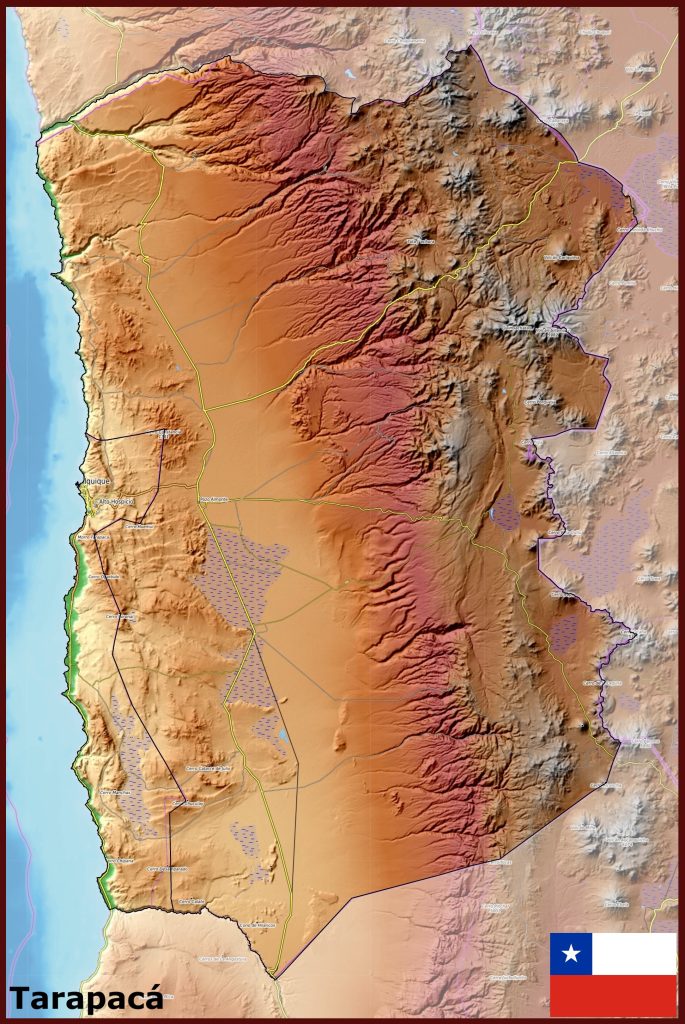Mapa físico de la región de Tarapacá.