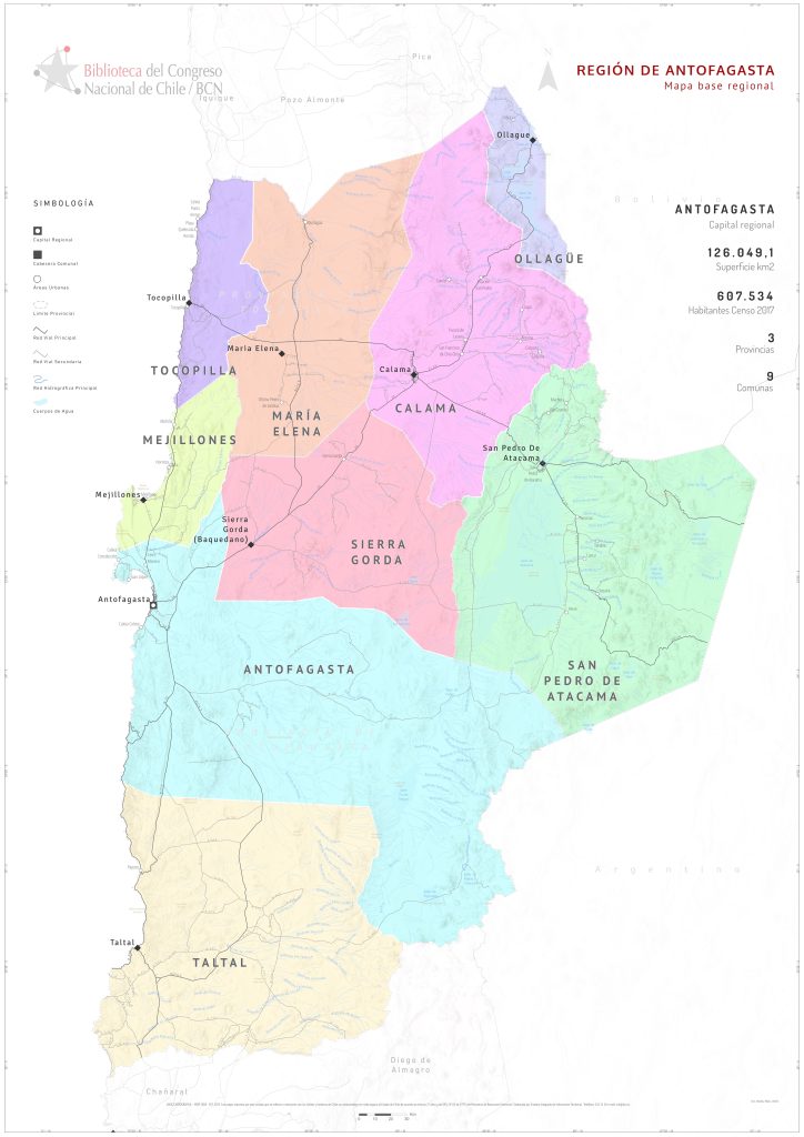 Mapa político de la región de Antofagasta.