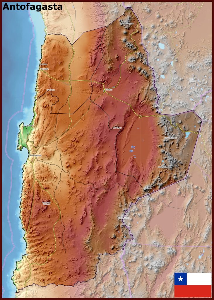 Mapa físico de la región de Antofagasta.