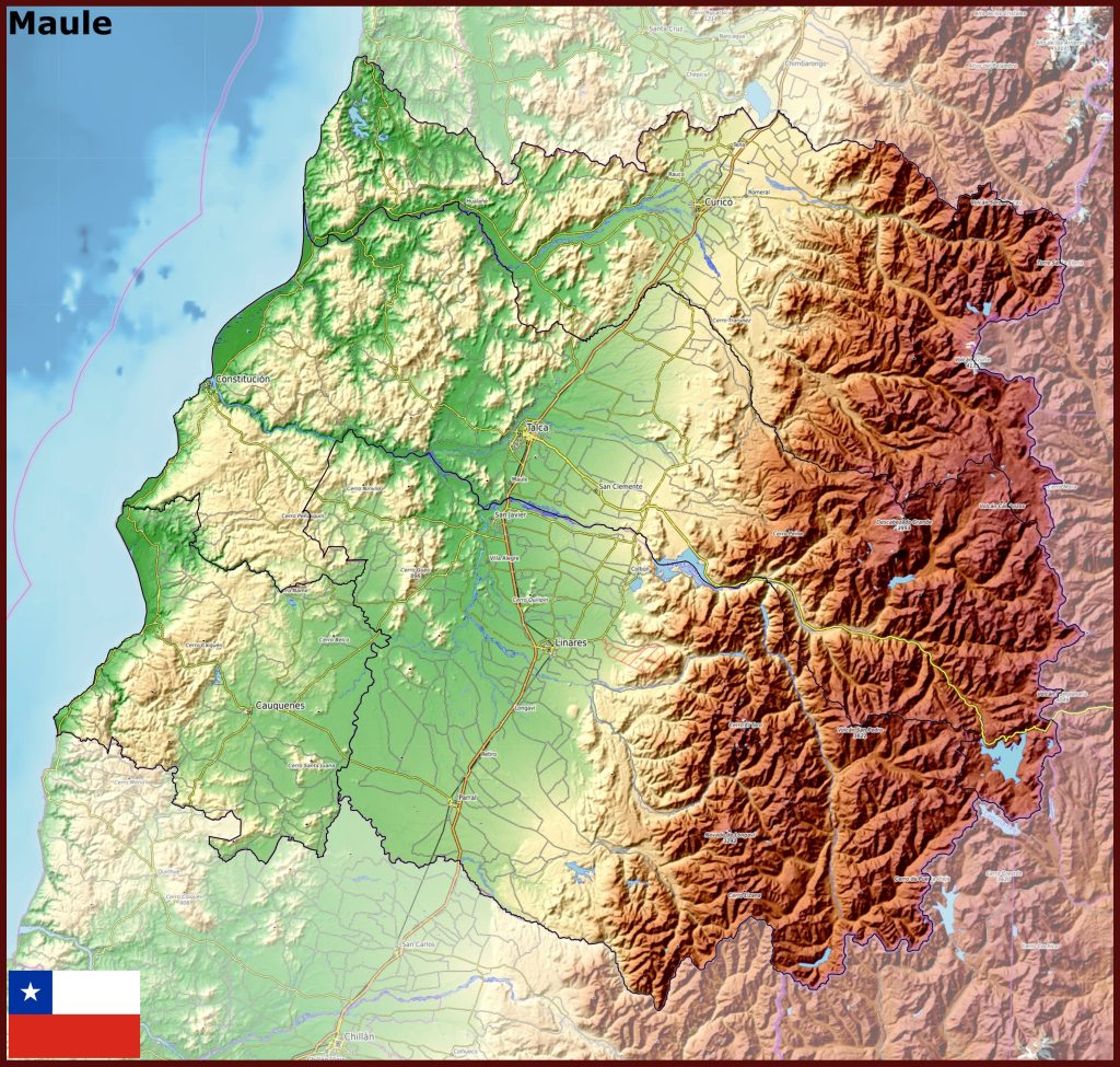 Mapa físico de la región del Maule.