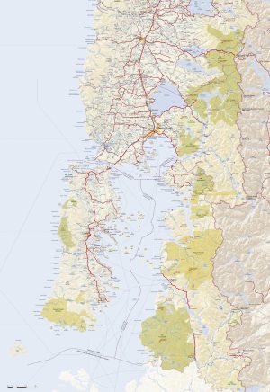 Mapa de carreteras de la región de Los Lagos