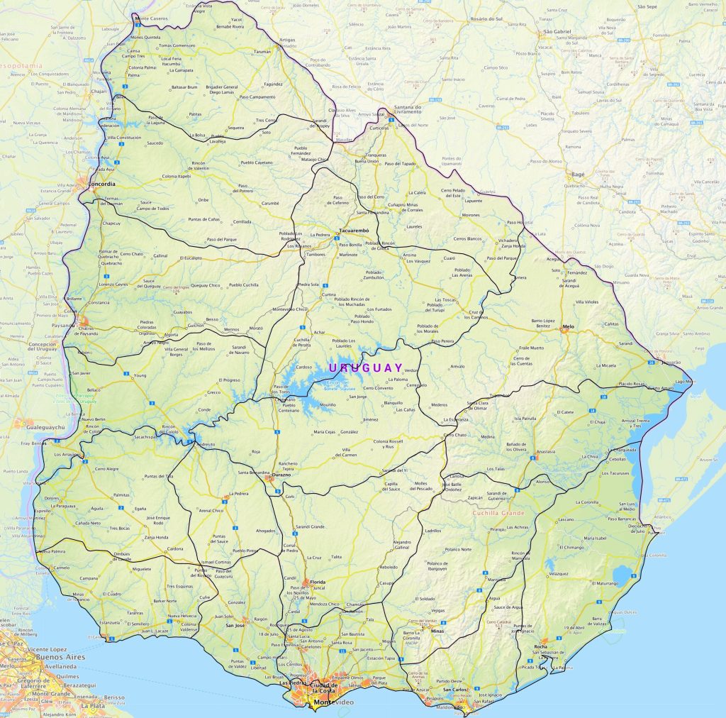 Mapa físico de Uruguay.