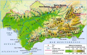 Mapa topográfico de Andalucía.