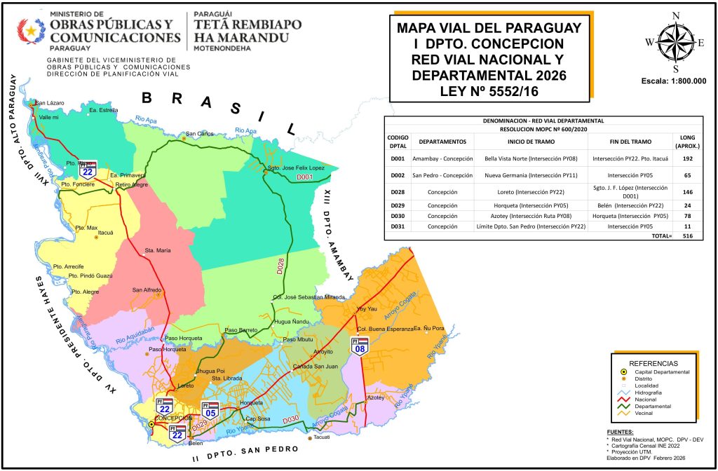 Mapa de carreteras del departamento de Concepción (Paraguay).