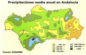 Precipitaciónes media anual en Andalucía.
