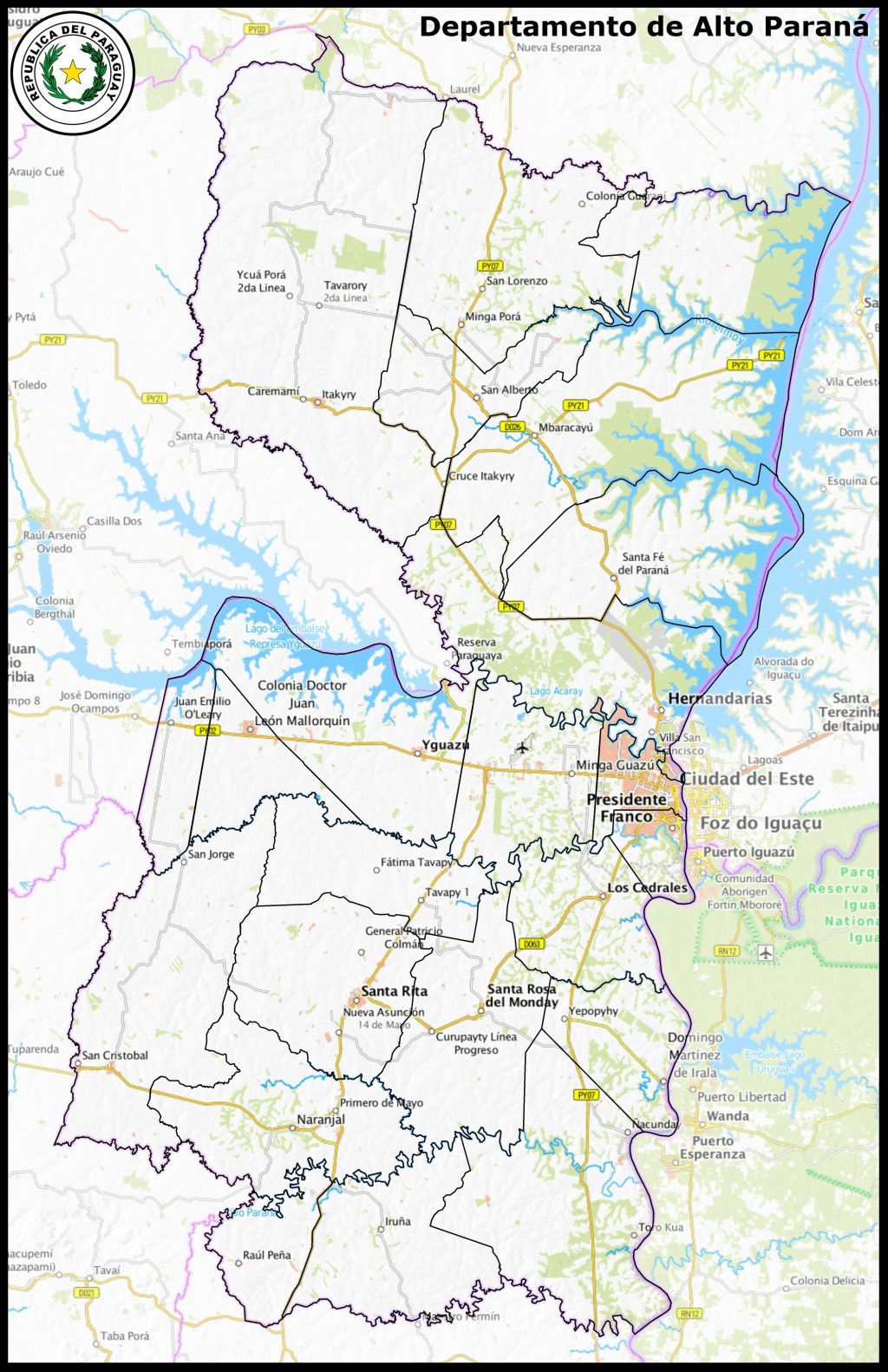 Mapa del departamento de Alto Paraná.