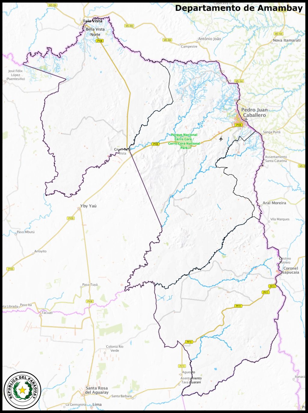 Mapa del departamento de Amambay.