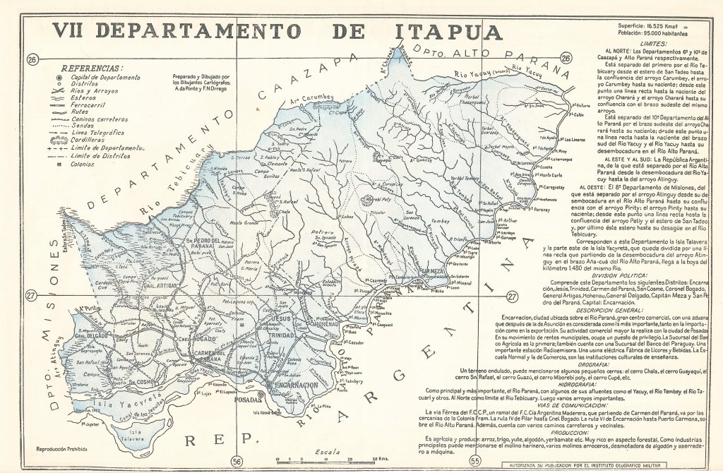 Mapa del departamento de Itapúa de 1960.
