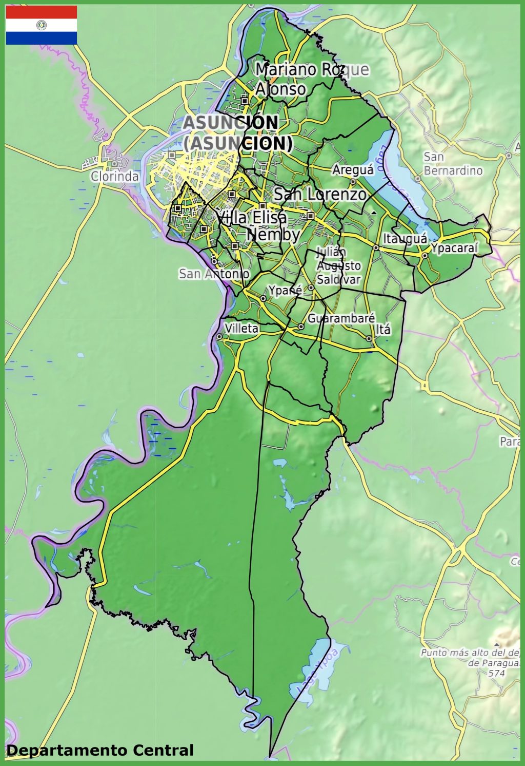 Mapa físico del departamento de Central (Paraguay).