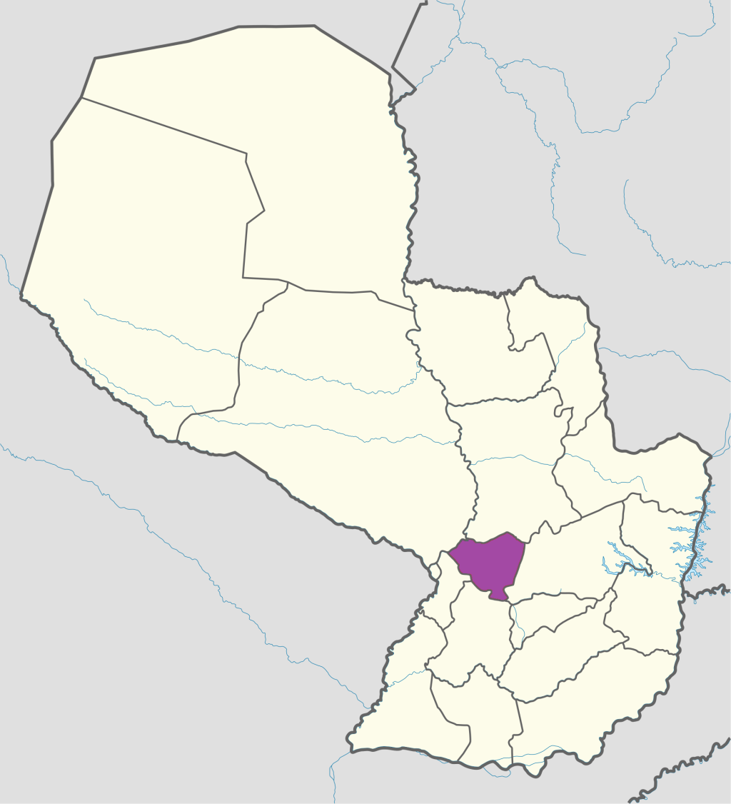 Mapa de ubicación del departamento de Cordillera en Paraguay.