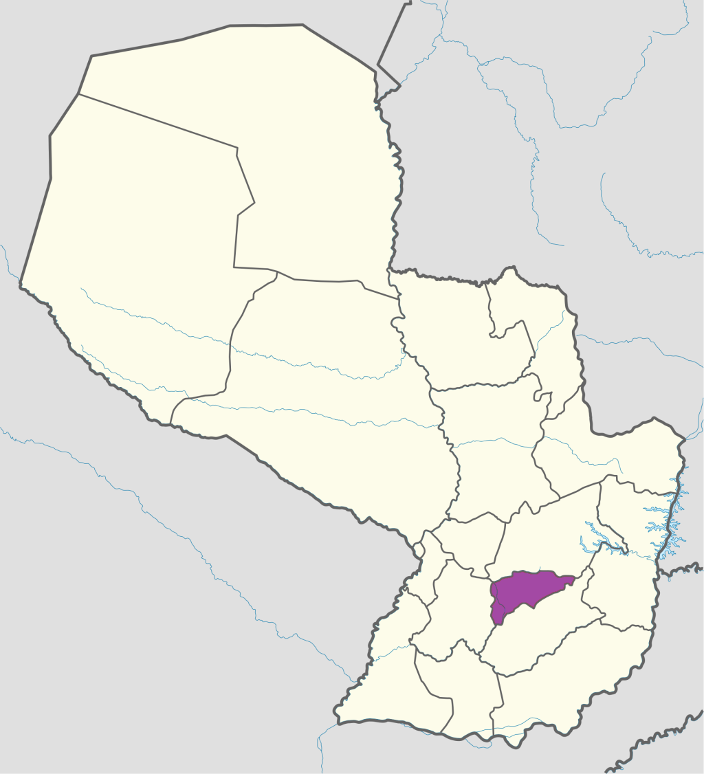 Mapa de ubicación del departamento de Guairá en Paraguay.